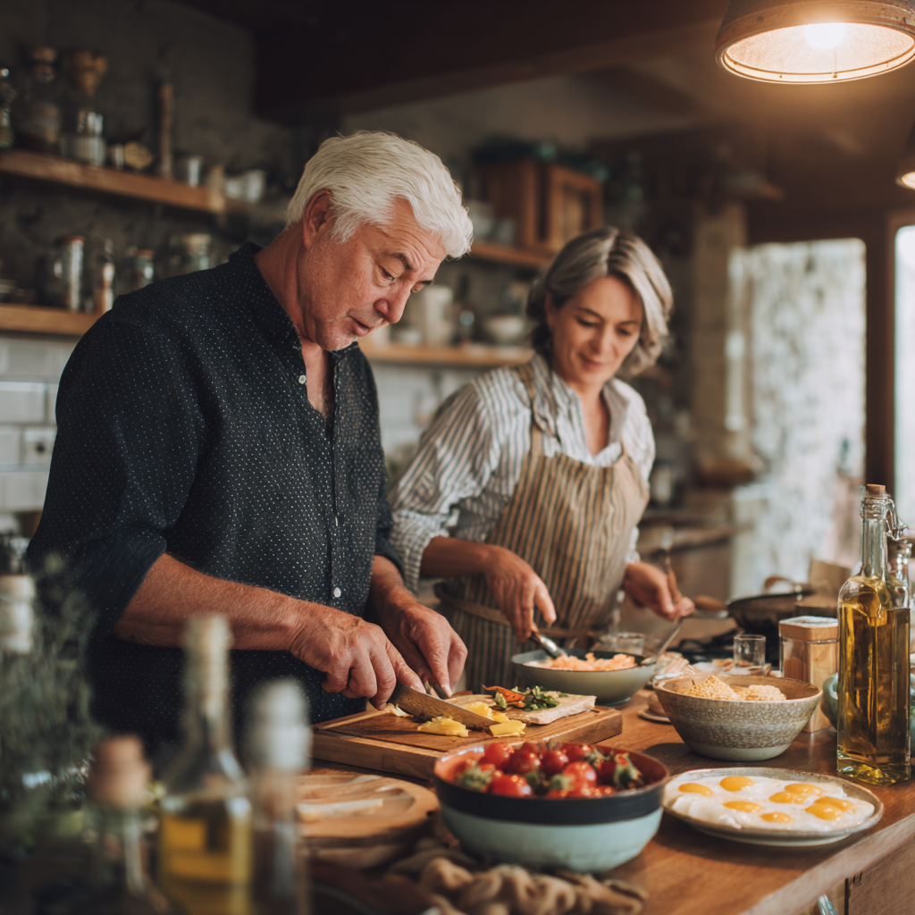 Middle-aged adults preparing nutritious meals in a calm kitchen environment