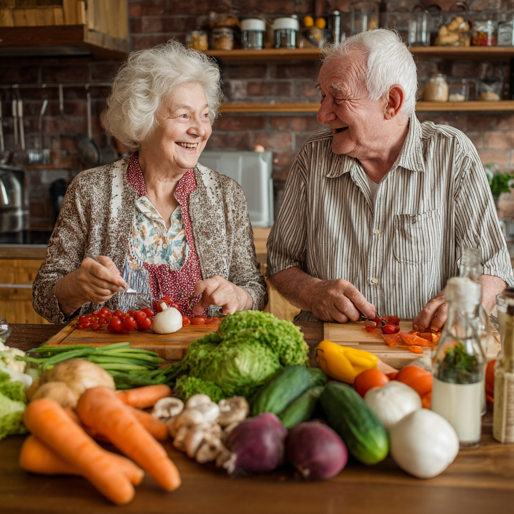 Older adults enjoying a balanced meal with fresh vegetables and wholesome ingredients